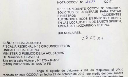 Occovi respondió al Fiscal Adjunto Clavero por accidentes en Ruta 33