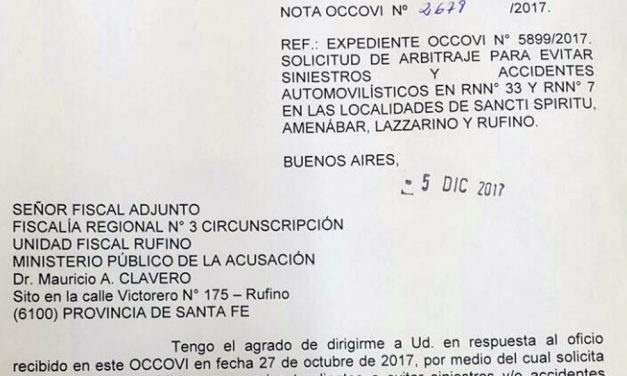 Occovi respondió al Fiscal Adjunto Clavero por accidentes en Ruta 33