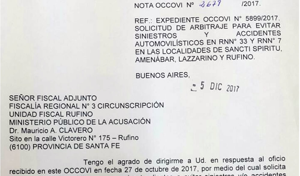 Occovi respondió al Fiscal Adjunto Clavero por accidentes en Ruta 33