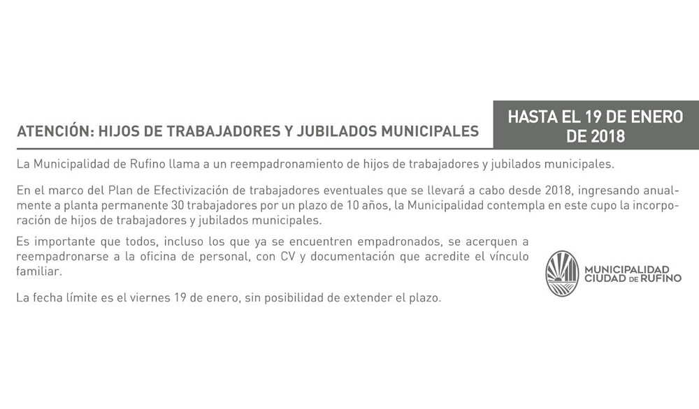 Recordatorio para hijos de Trabajadores Municipales