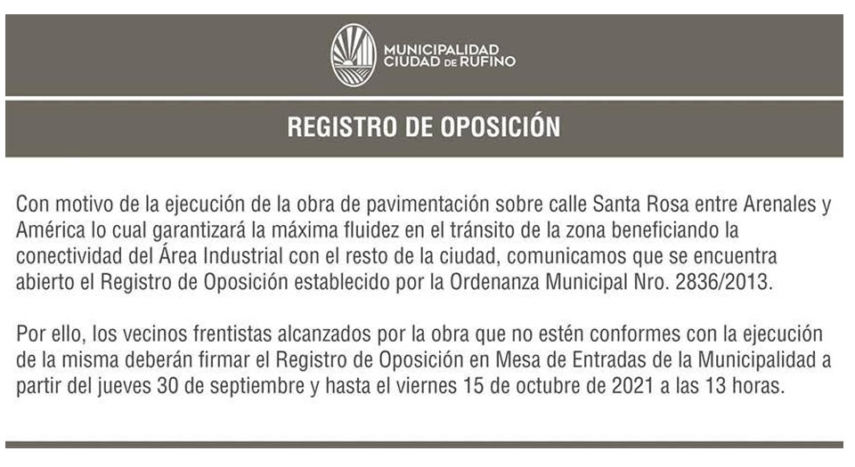 Registro de oposición a la obra de pavimentación de calle Santa Rosa