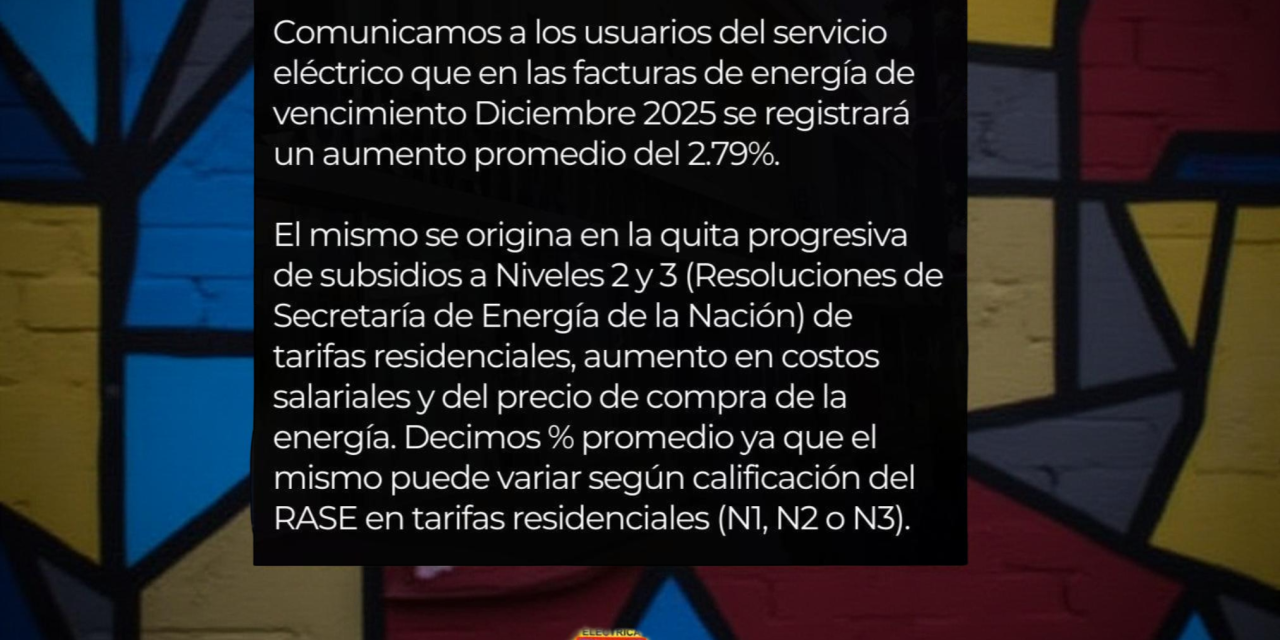 La Cooperativa Eléctrica anunció un aumento promedio del 2,79% en las facturas de energía con vencimiento en diciembre de 2025