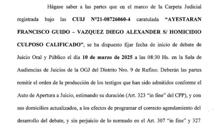 Rufino: Fijan fecha de inicio para el Juicio Oral y Público en la causa Ayestarán – Vázquez