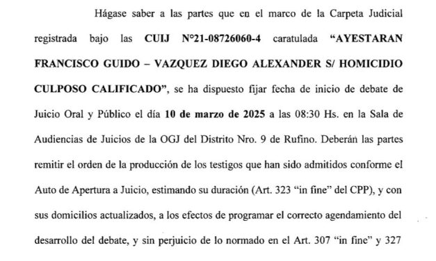 Rufino: Fijan fecha de inicio para el Juicio Oral y Público en la causa Ayestarán – Vázquez