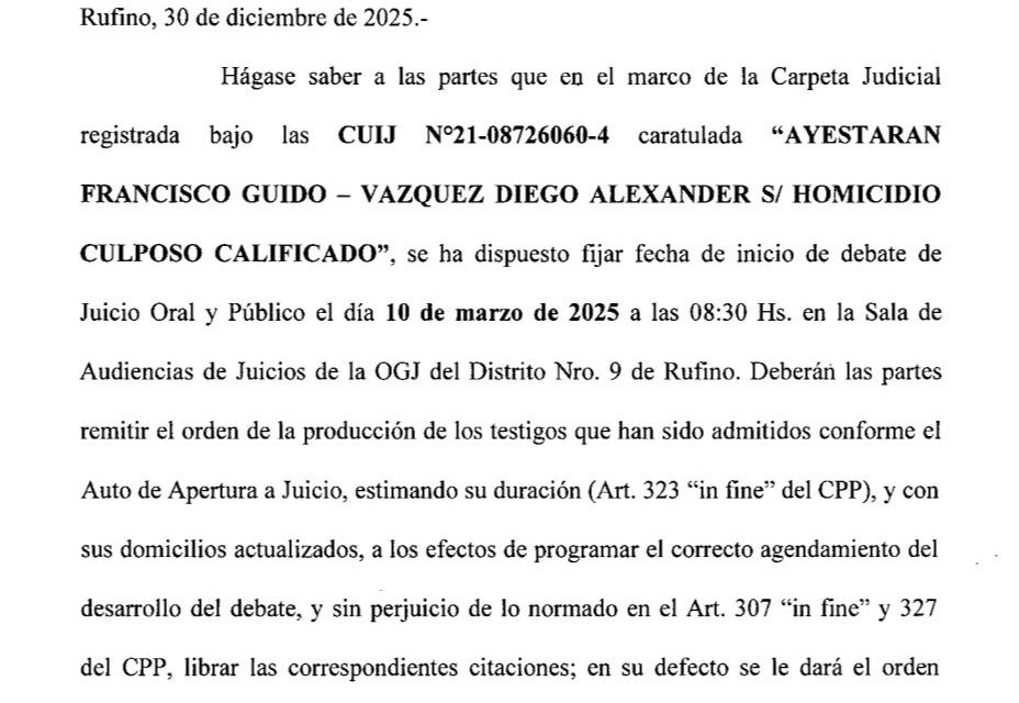 Rufino: Fijan fecha de inicio para el Juicio Oral y Público en la causa Ayestarán – Vázquez