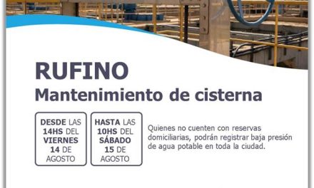 Aguas Santafesinas informa a sus usuarios de Rufino que realizará tareas de limpieza y mantenimiento en la cisterna de la Planta potabilizadora de la ciudad.