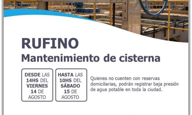 Aguas Santafesinas informa a sus usuarios de Rufino que realizará tareas de limpieza y mantenimiento en la cisterna de la Planta potabilizadora de la ciudad.