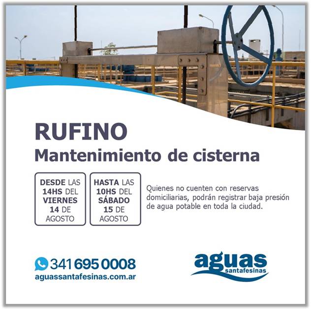 Aguas Santafesinas informa a sus usuarios de Rufino que realizará tareas de limpieza y mantenimiento en la cisterna de la Planta potabilizadora de la ciudad.
